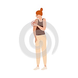 Unhappy woman having arm pain vector flat illustration. Young female suffer from ache in elbow or shoulder isolated on