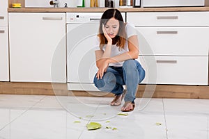 Unhappy Woman Looking At The Broken Plate On Floor