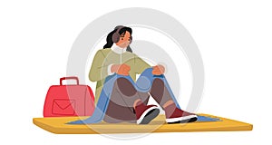 Unhappy Woman Refugee Wear Warm Clothes Sitting on Floor Mat Survive during War Conflict Isolated on White Background