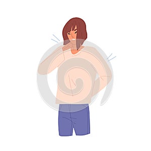 Unhappy woman suffering from body stiffness vector flat illustration. Sickness female with shoulders and neck pain photo