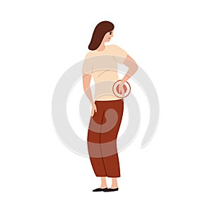 Unhappy woman touching lower back feeling pain vector flat illustration. Upset female suffer having injury or spine