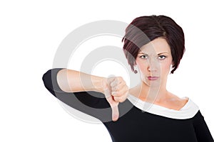 Unhappy woman, wife, businessperson giving thumbs down gesture