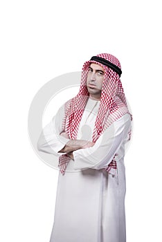 The unhappy young arab man isolated on white