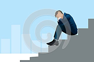 Unhappy young business man sit on stairs feel distressed with job loss or failure. Upset male stressed with life or business