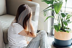 Unhappy young caucasian woman with blonde hair thinking about bad relationships problems, break up with boyfriend