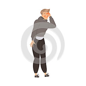 Unhappy Young Man Scratching Forehead Feeling Stress, Frustration and Tension Vector Illustration