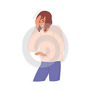 Unhappy young woman suffering from headache vector flat illustration. Sickness female with painful face expression