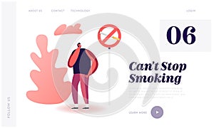 Unhealthy Bad Habit, Tobacco Addiction Website Landing Page. Man Close his Nose near Prohibited Sign with Cigarette