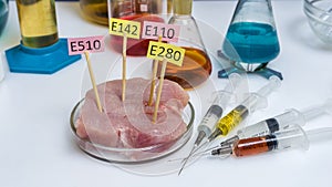 Unhealthy dietary supplements. Laboratory, meat research. Plates with E