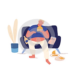 Unhealthy Eating Bad Habit Concept. Fat Man Sitting on Couch at Home with Plenty of Fast Food Contain Carbohydrates