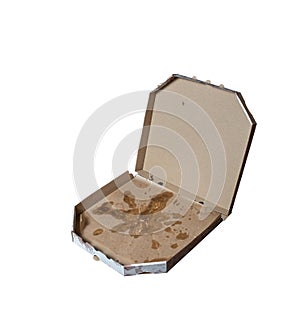 Unhealthy food concept. dirty pizza box isolated on white. cardboard pizza box. fatty food