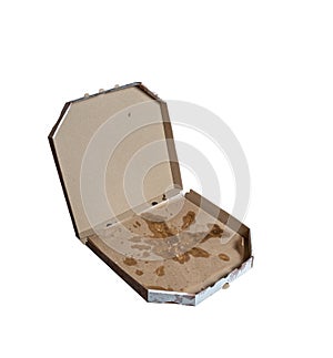 Unhealthy food concept. pizza box isolated on white. empty cardboard pizza box. fatty food