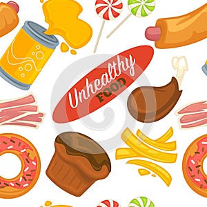 Unhealthy food and ingredients, fatty products seamless pattern