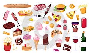 Unhealthy food for street cafe, fast food icons set with hamburger, sausage, sandwich,french fries and donut, soda