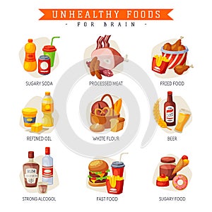 Unhealthy Foods for Brain, Sugary Soda and Food, Processed Meat, Fried Food, Refined Oil, White Flour, Beer, Strong
