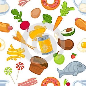 Unhealthy and healthy food and products seamless pattern