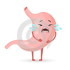 Unhealthy human stomach character is crying and suffering from pain. Anatomy of the digestive system. Vector in flat style