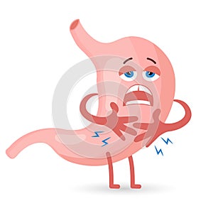 Unhealthy human stomach character is crying and suffering from pain. Food, stomach pain. Anatomy of the digestive system