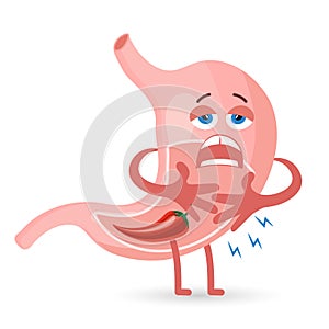 Unhealthy human stomach character is crying and suffering from pain. Food, stomach pain. Anatomy of the digestive system