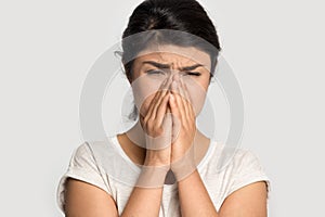 Unhealthy indian woman suffering from flu need medication