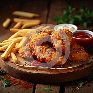 Unhealthy indulgence fried chicken, fries, and nuggets on wooden table