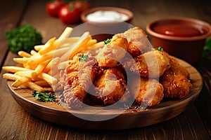 Unhealthy indulgence fried chicken, fries, and nuggets on wooden table