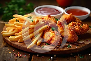 Unhealthy indulgence fried chicken, fries, and nuggets on wooden table