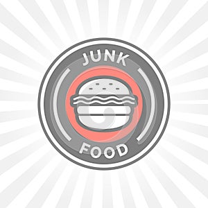 Unhealthy junk food badge with hamburger icon silhouette.