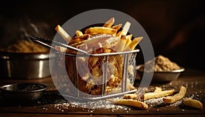 Unhealthy meal deep fried French fries in rustic wooden basket generated by AI