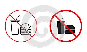 Unhealthy Meal Not Allowed Sign. Fast Food Circle Symbol Set. Hamburger and Cola, Soda and Sandwich Prohibit Red Sign