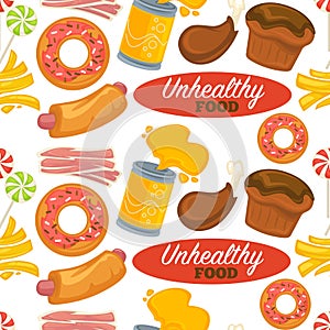 Unhealthy processed food pattern with delicious and sweet high calorie snacks