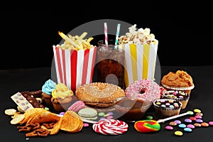 Unhealthy products. food bad for figure, skin, heart and teeth