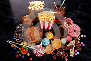 Unhealthy products. food bad for figure, skin, heart and teeth