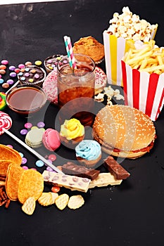 Unhealthy products. food bad for figure, skin, heart and teeth