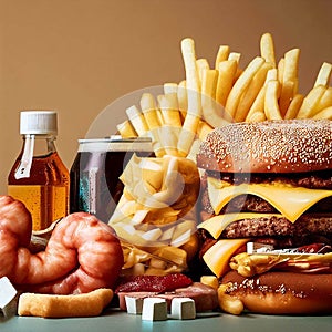 Unhealthy products food bad for figure, skin, heart and teeth