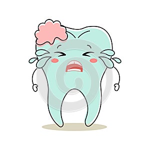 Unhealthy tooth kawaii character with tartar, cute cartoon character. Dental care. Illustration, icon