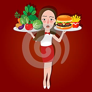 Unhealthy vs healthy food woman girl select between junk food or vegetable