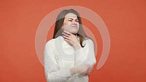 Unhealthy woman touching neck, suffering sore inflamed throat, thyroid disorder