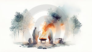 Unholy Fire. Old Testament. Watercolor Biblical Illustration