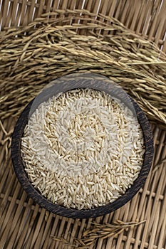 unhulled asian brown rice grains in rustic setting display in Cambodia photo