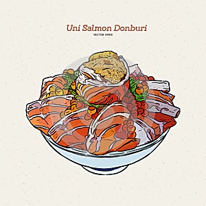 Uni salmon Donbuti, hand draw sketch japanese food photo