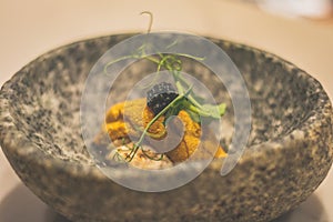 Uni and shirak and caviar japanese appetiser in a stone bowl photo