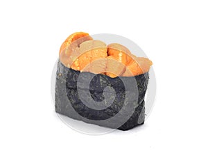 Uni sushi Japanese tradition food.Egg of Sea urchin top on rice rap by Seaweed photo