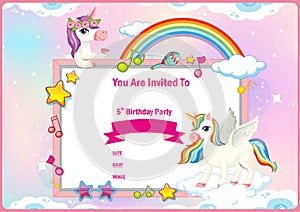 Unicon Birthday Invitation card template with balloon, rainbow, sky, star