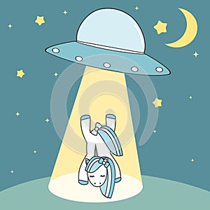 Unicorn abducted by ufo cute cartoon illustration