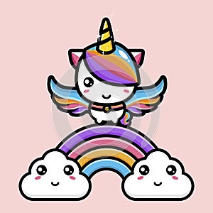 Unicorn animal cartoon character is standing on a rainbow with two clouds