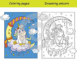 Unicorn baby sitting on a cloud coloring