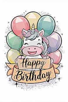 Unicorn With Balloons and Happy Birthday Banner