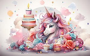Unicorn with birthday cakes with candles fantasy Illustration in soft pastel colors. Children\'s greeting card templat