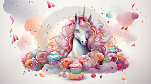 Unicorn with birthday cupcakes with candles and flowers fantasy Illustration in soft pastel colors. Children\'s greeting card